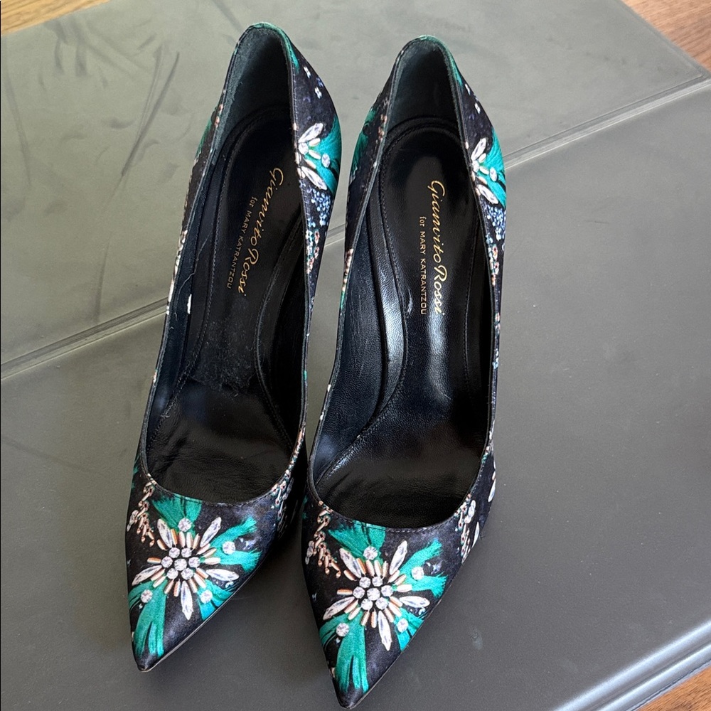 Gianvito Rossi Floral Black and Green Heels